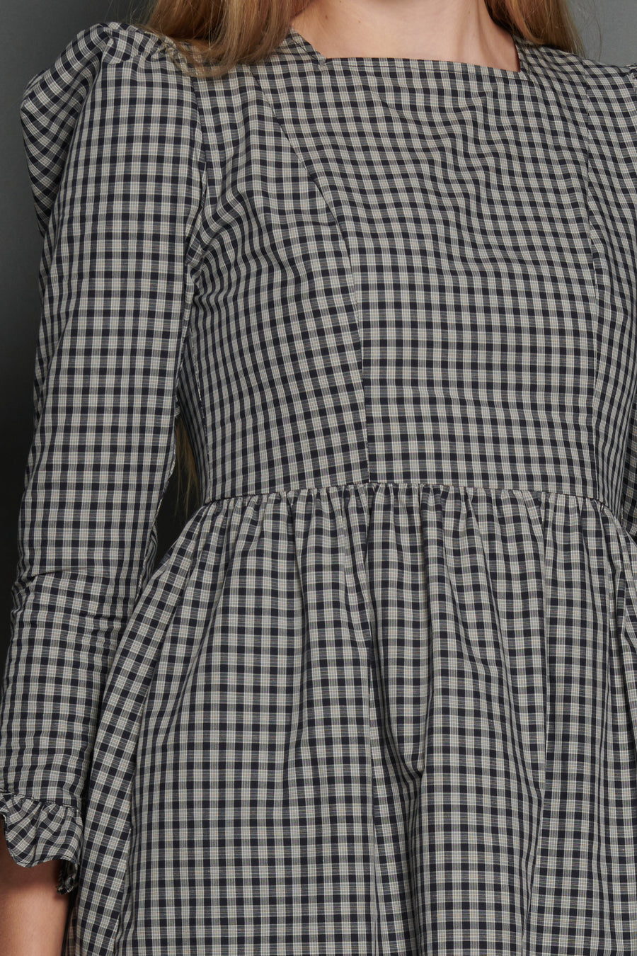 Square Neck Mini Prairie Dress in Black Tartan