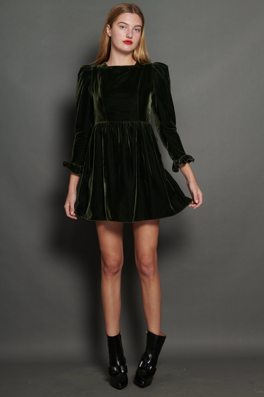 Square Neck Mini Prairie Dress in Olive Velvet