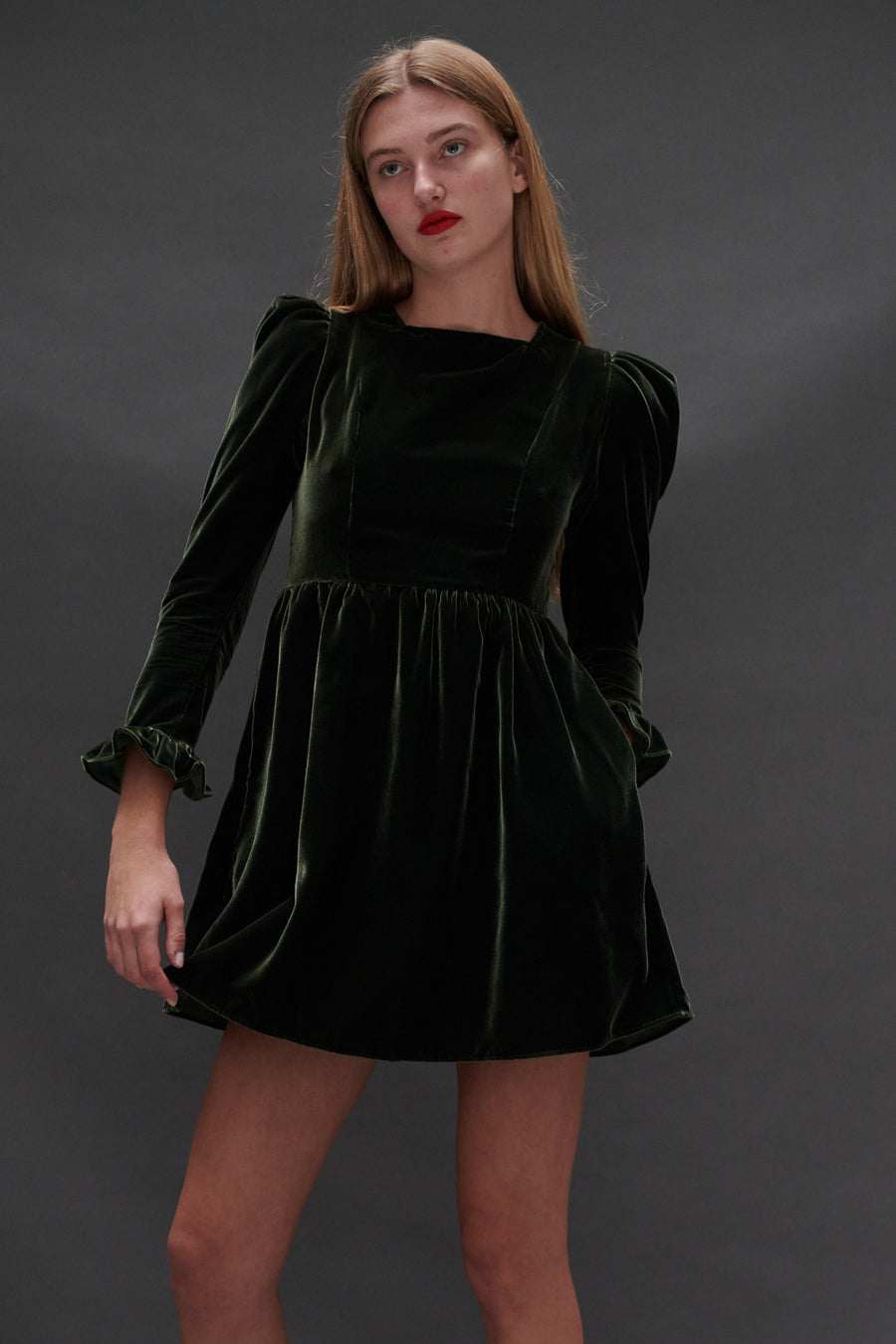 Square Neck Mini Prairie Dress in Olive Velvet