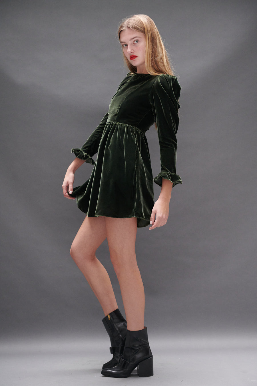 Square Neck Mini Prairie Dress in Olive Velvet