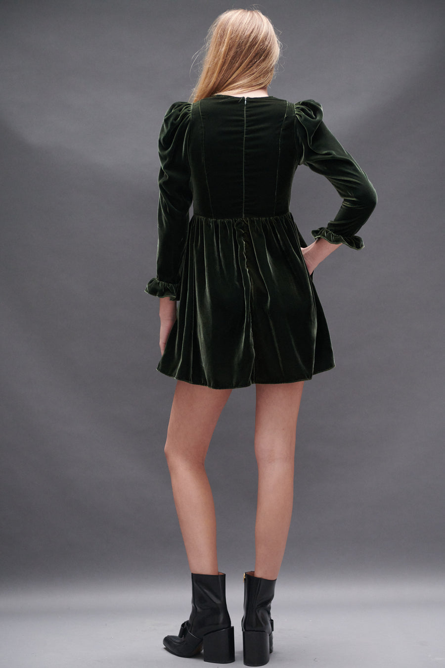 Square Neck Mini Prairie Dress in Olive Velvet
