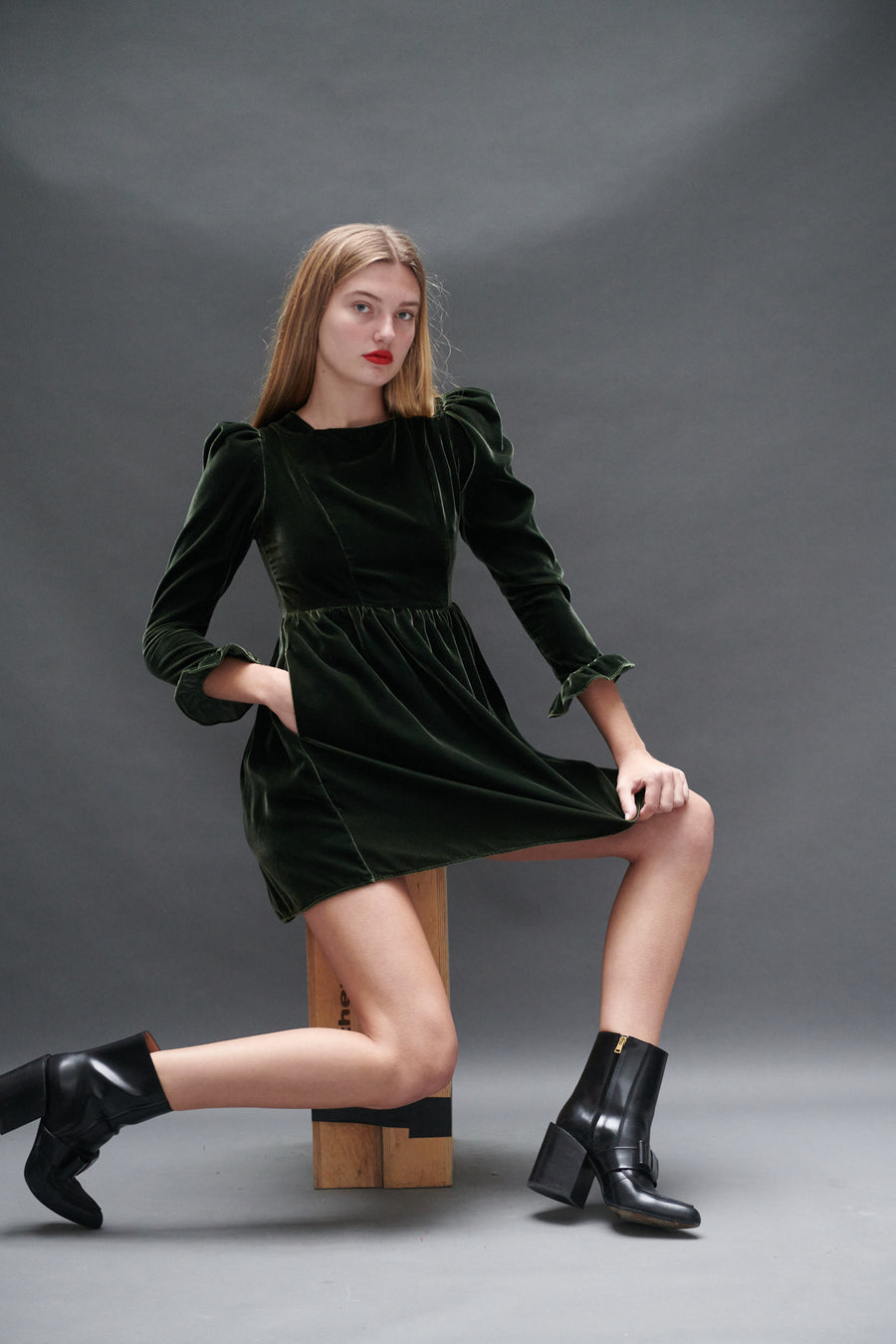 Square Neck Mini Prairie Dress in Olive Velvet