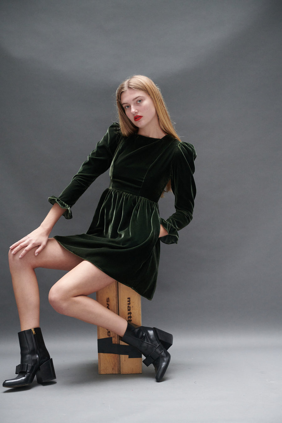 Square Neck Mini Prairie Dress in Olive Velvet