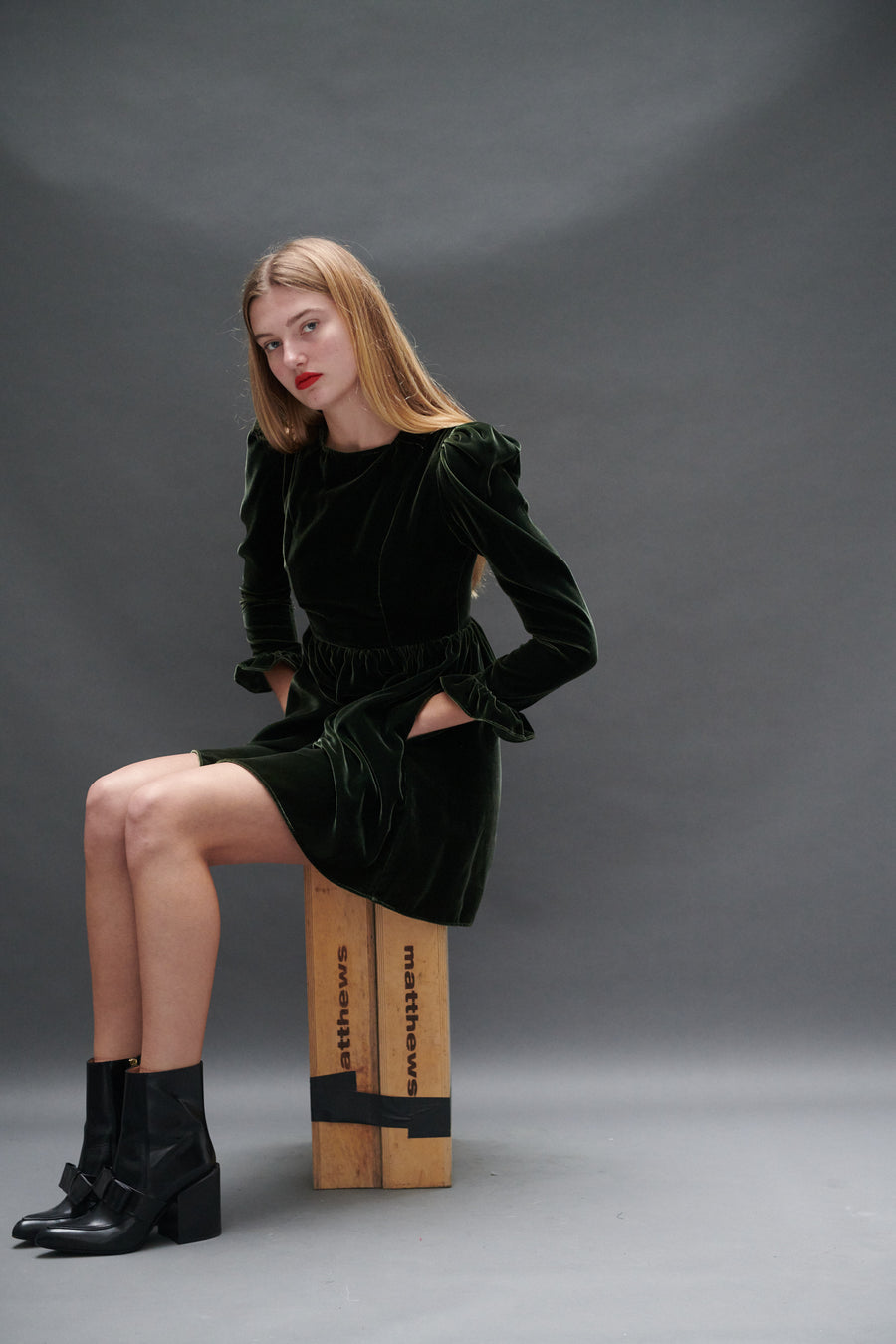 Square Neck Mini Prairie Dress in Olive Velvet