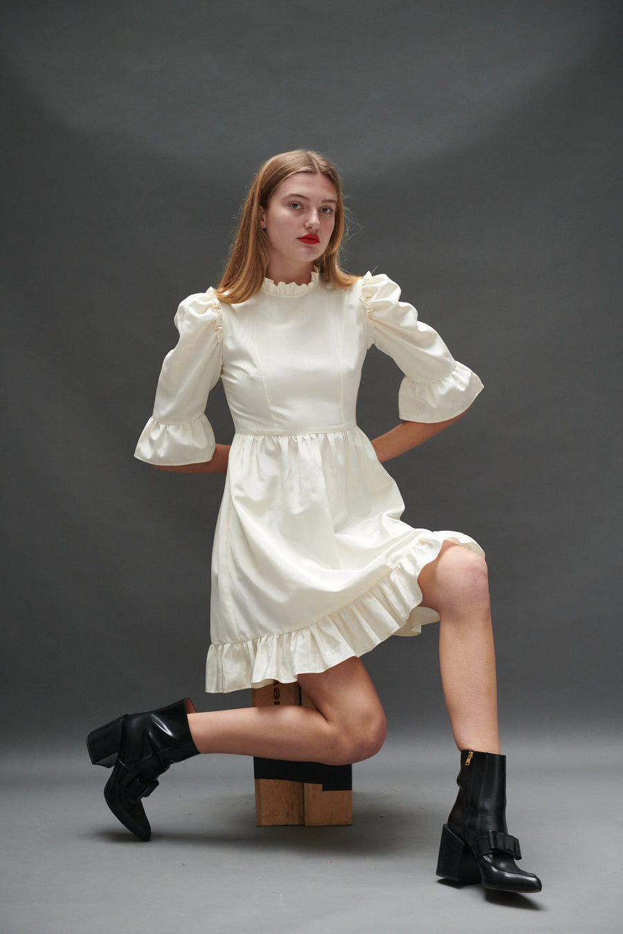 Spring Prairie Dress in Ivory Moiré