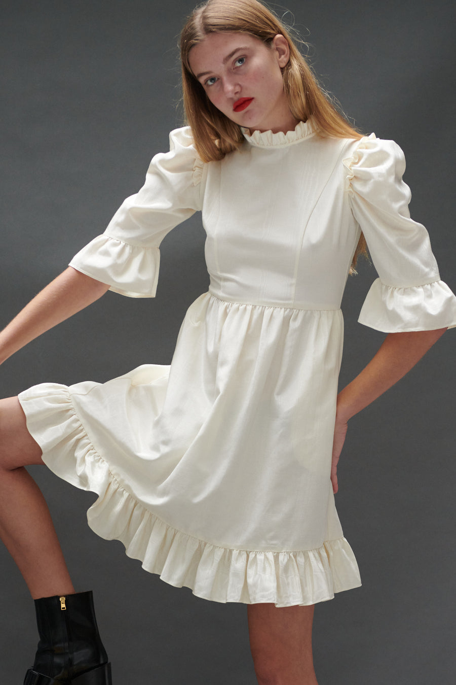 Spring Prairie Dress in Ivory Moiré