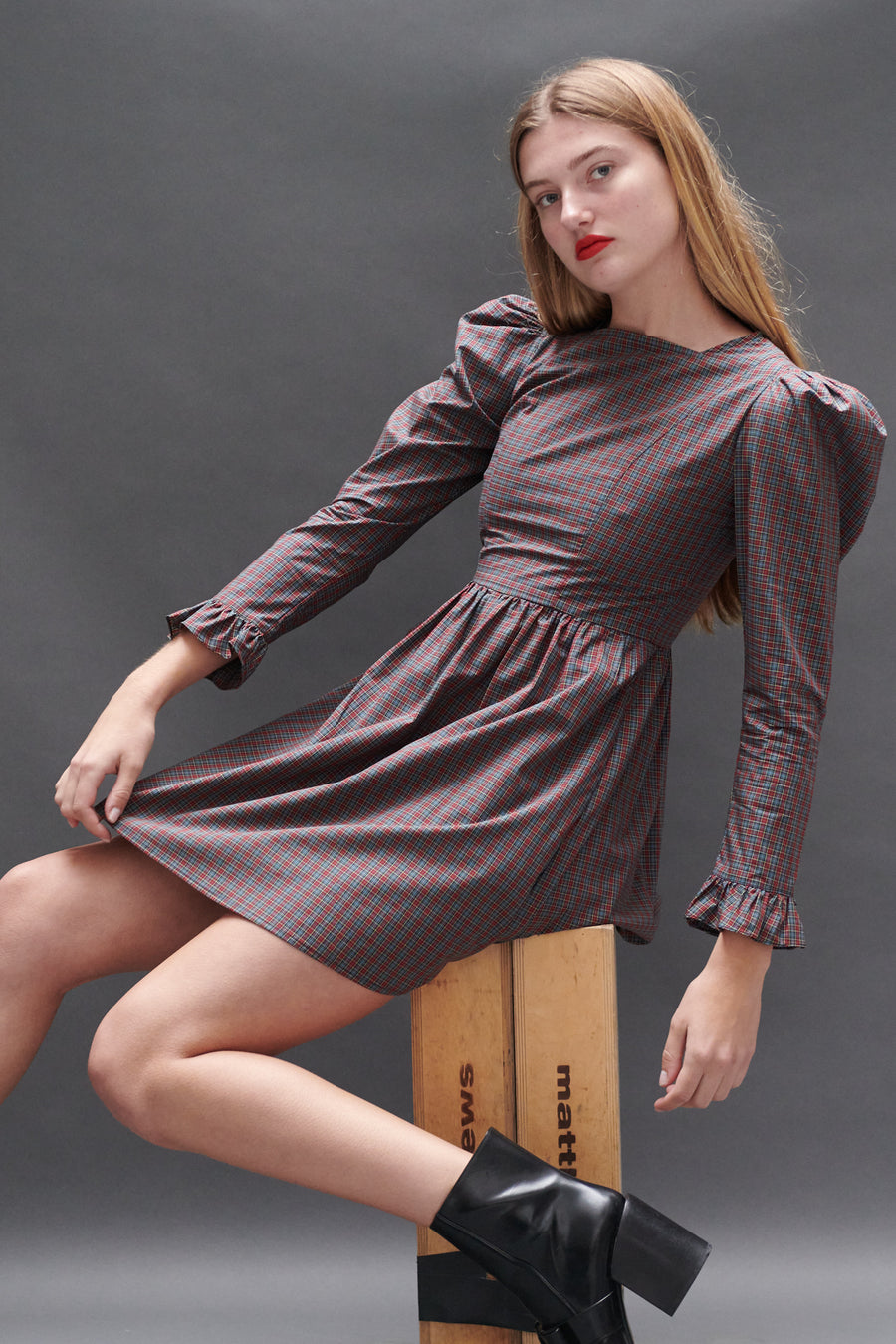 Square Neck Mini Prairie Dress in Burgundy Tartan