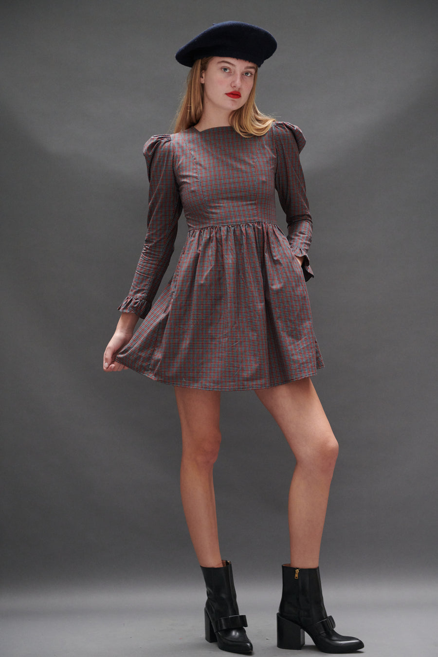 Square Neck Mini Prairie Dress in Burgundy Tartan