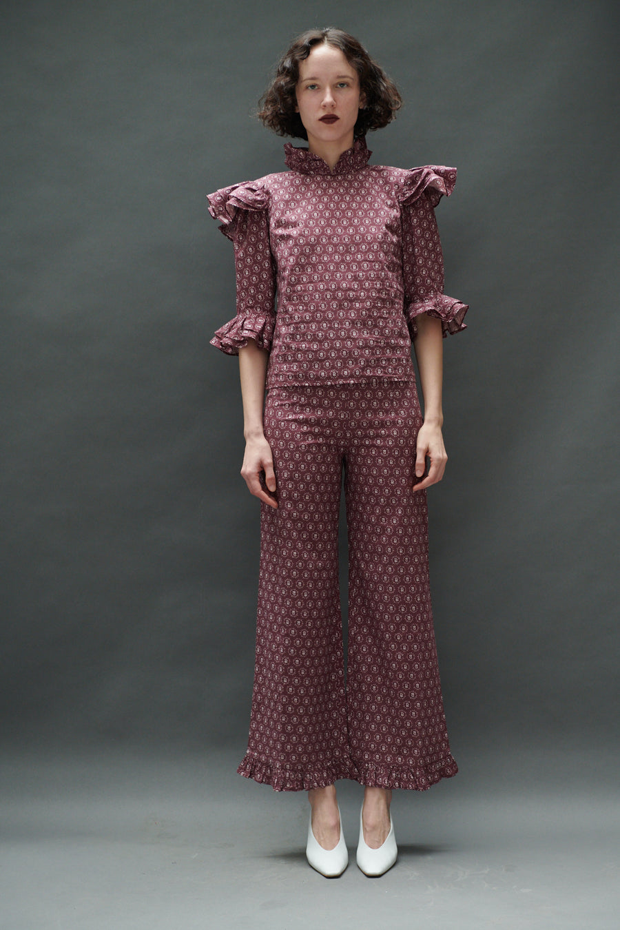 Ruffle Pant in Merlot Floral Dot