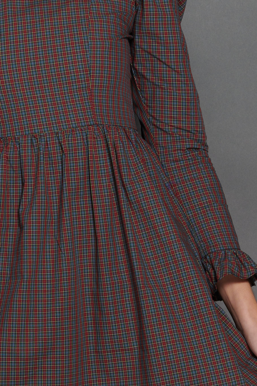 Square Neck Mini Prairie Dress in Burgundy Tartan