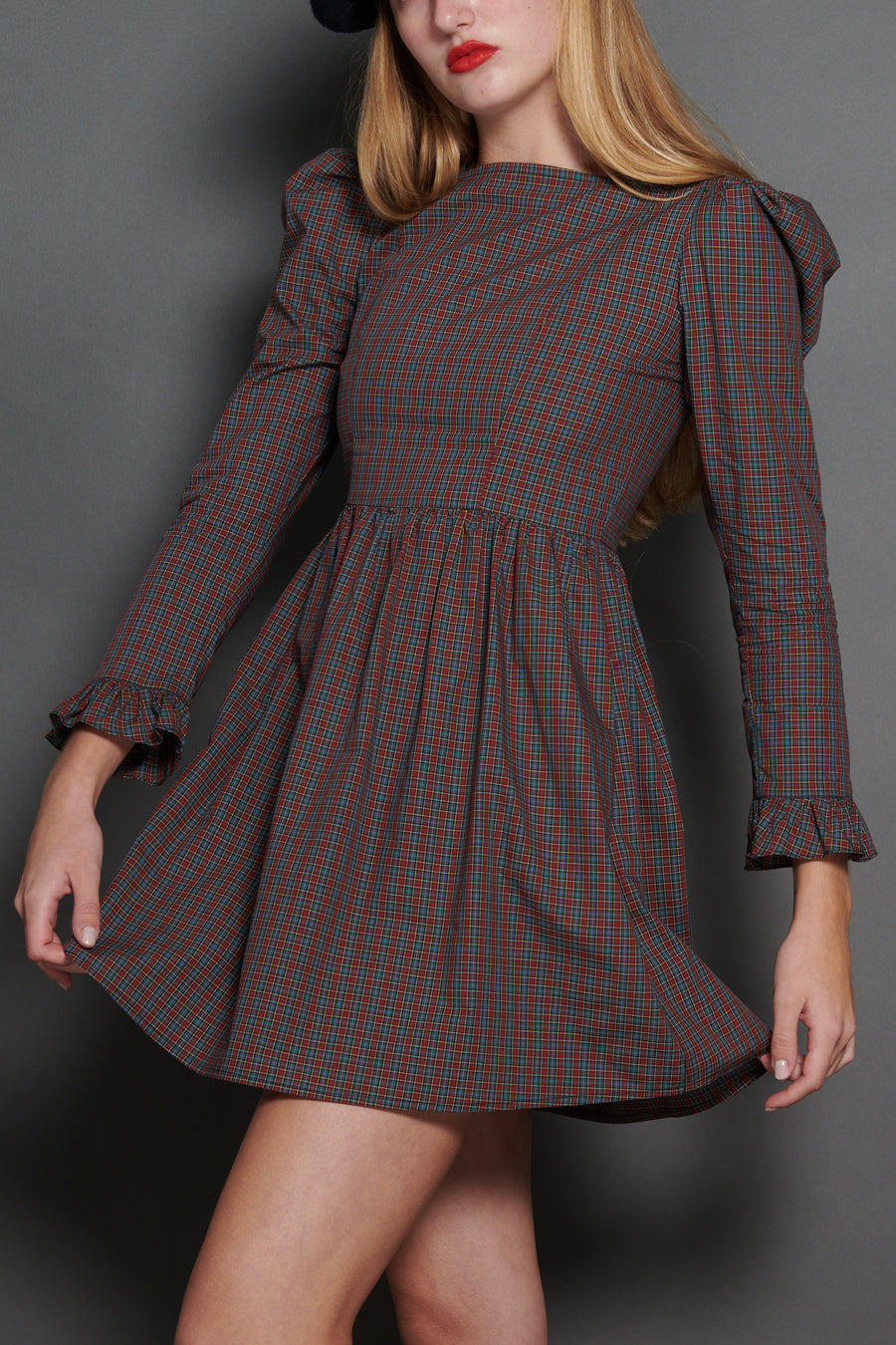 Square Neck Mini Prairie Dress in Burgundy Tartan