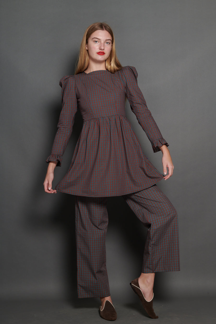 Square Neck Mini Prairie Dress in Burgundy Tartan