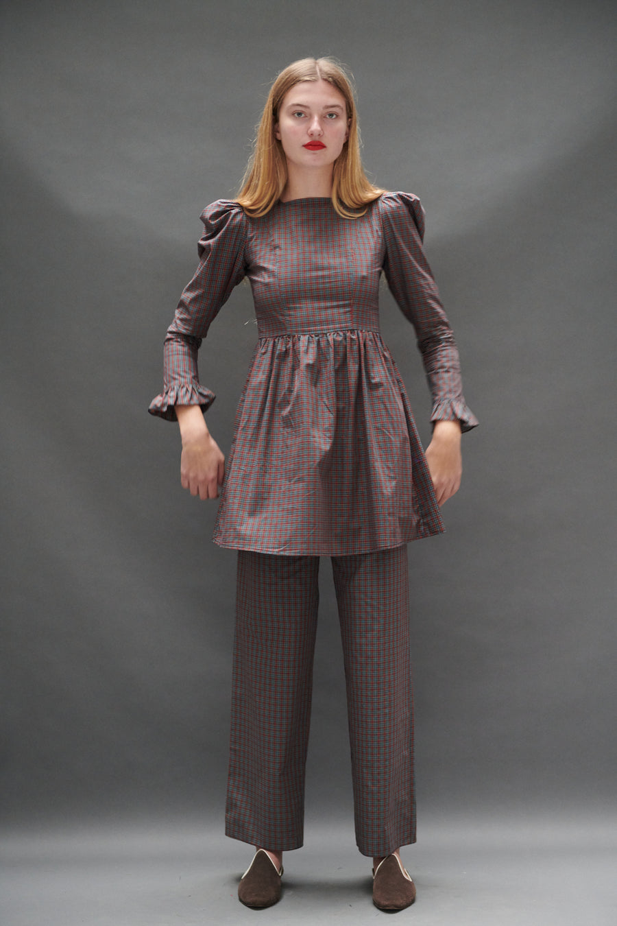 Square Neck Mini Prairie Dress in Burgundy Tartan