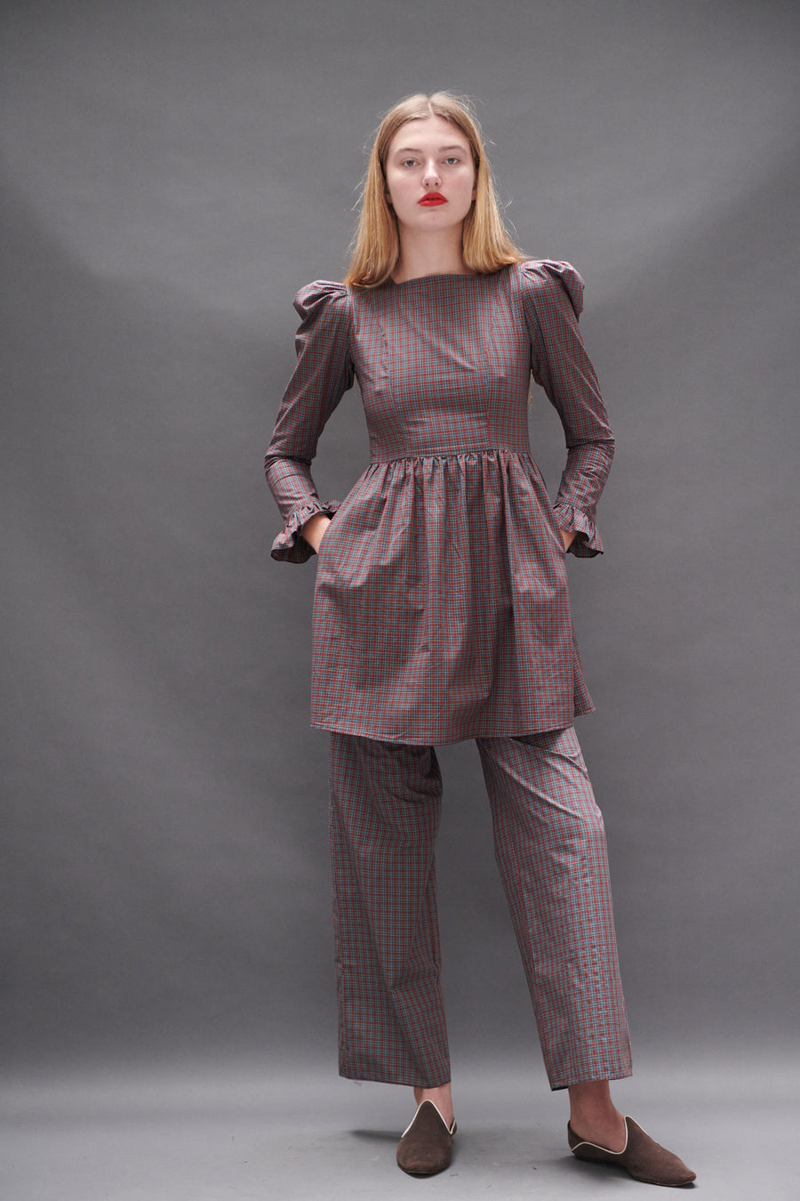 Square Neck Mini Prairie Dress in Burgundy Tartan