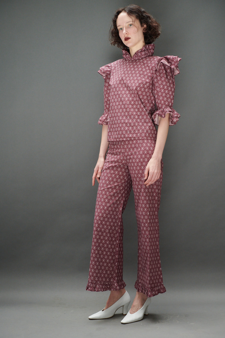 Ruffle Pant in Merlot Floral Dot