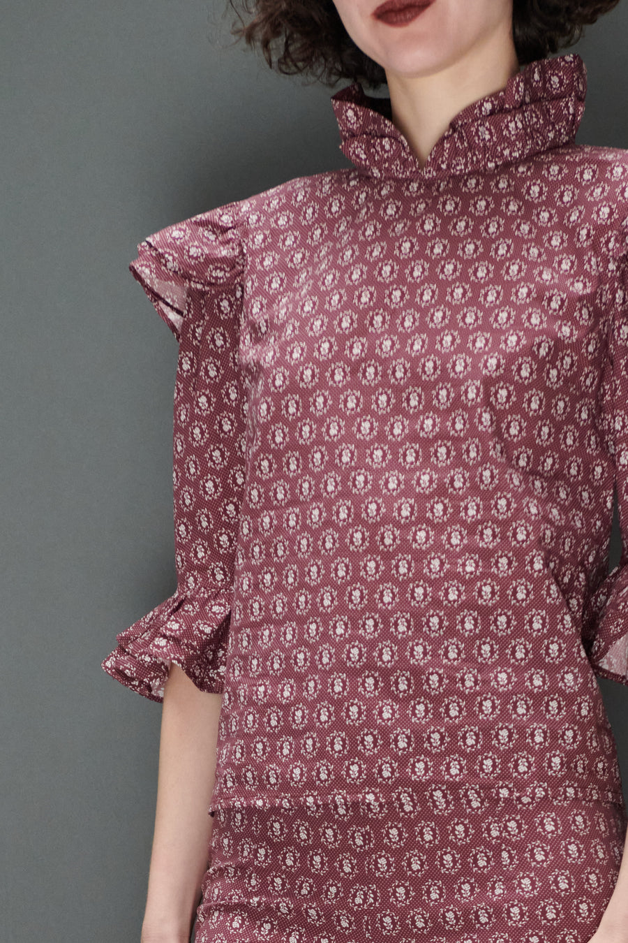 Antoinette Blouse in Merlot Floral Dot