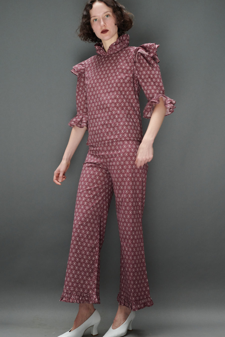 Ruffle Pant in Merlot Floral Dot