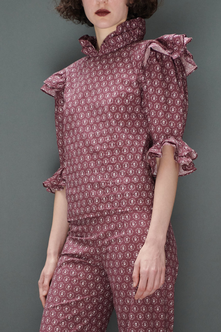 Antoinette Blouse in Merlot Floral Dot