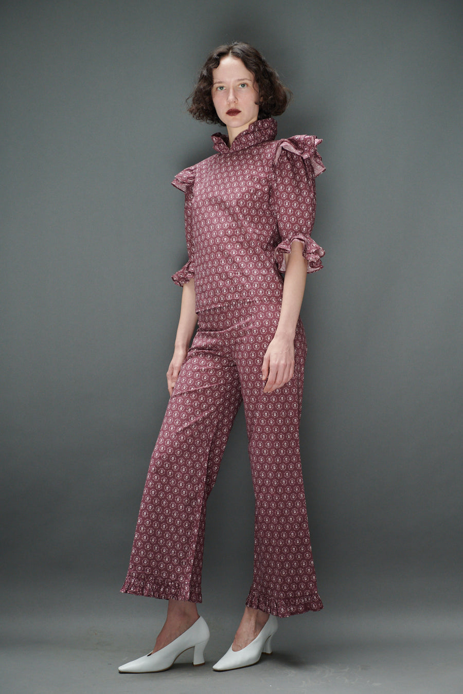 Ruffle Pant in Merlot Floral Dot