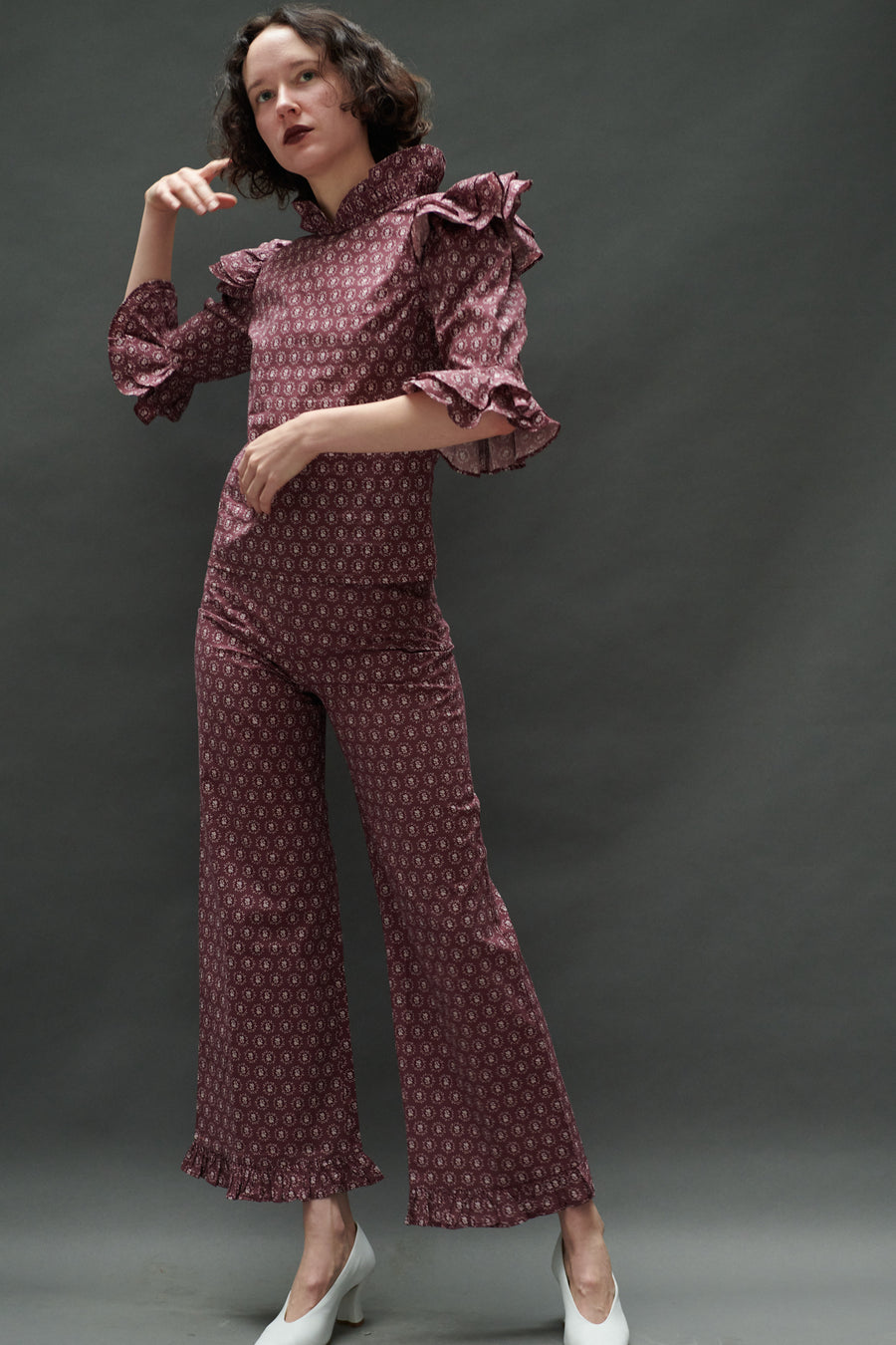 Antoinette Blouse in Merlot Floral Dot