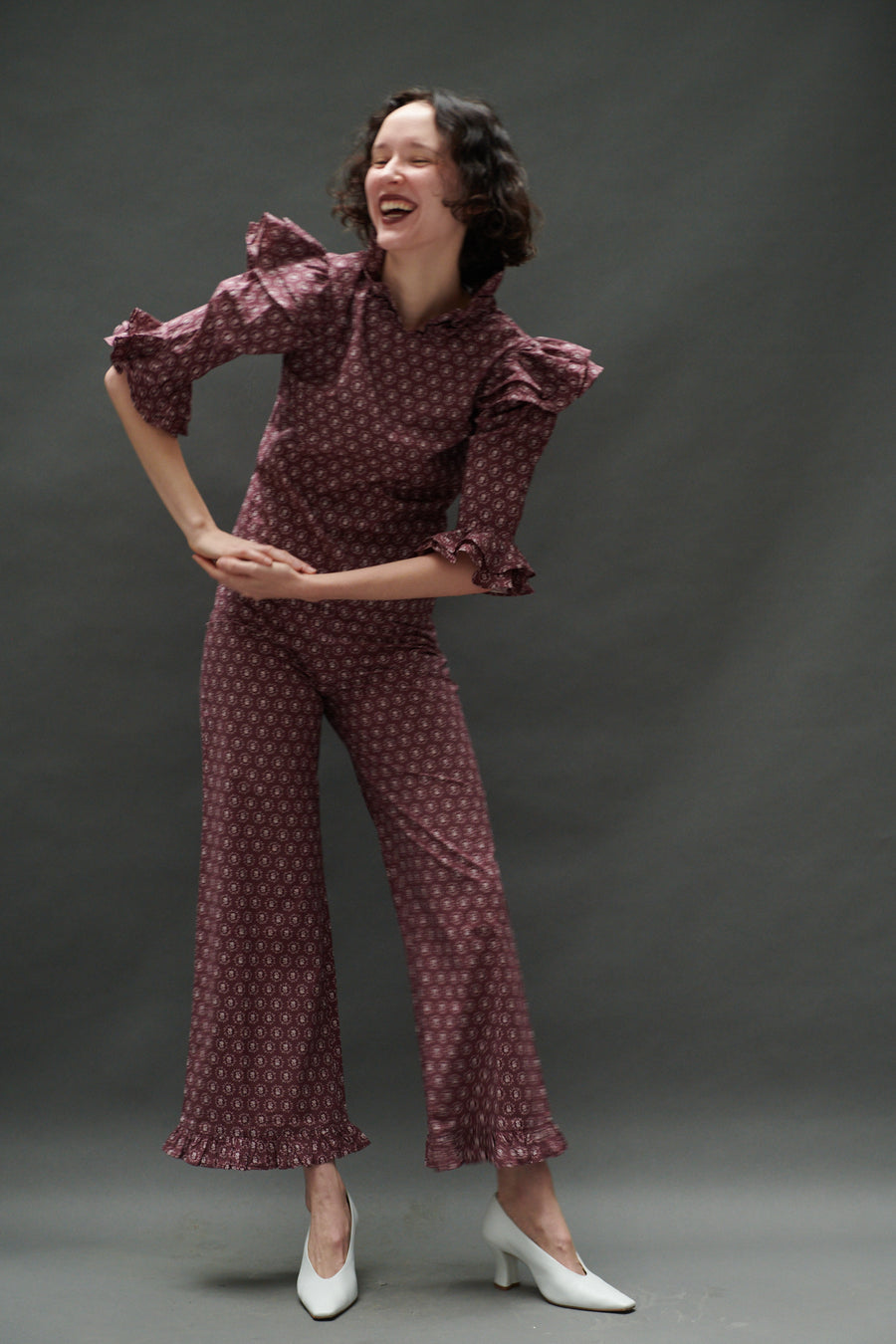 Ruffle Pant in Merlot Floral Dot