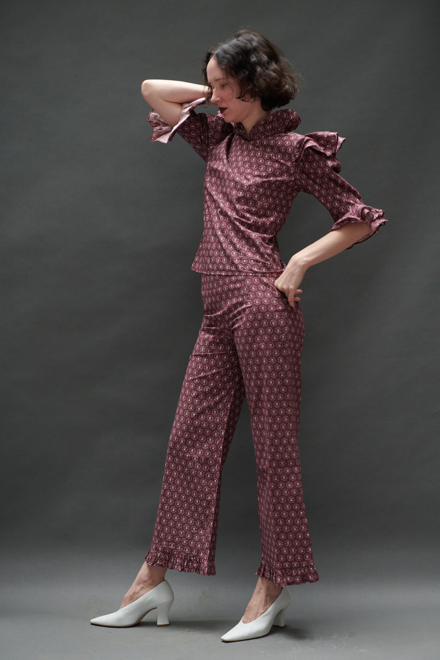 Ruffle Pant in Merlot Floral Dot