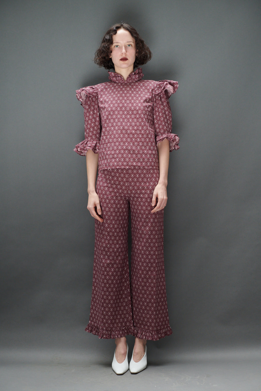 Antoinette Blouse in Merlot Floral Dot