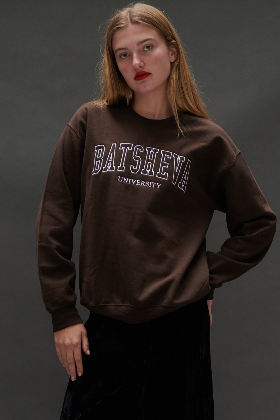 BATSHEVA UNIVERSITY Embroidered Sweatshirt in Chocolate
