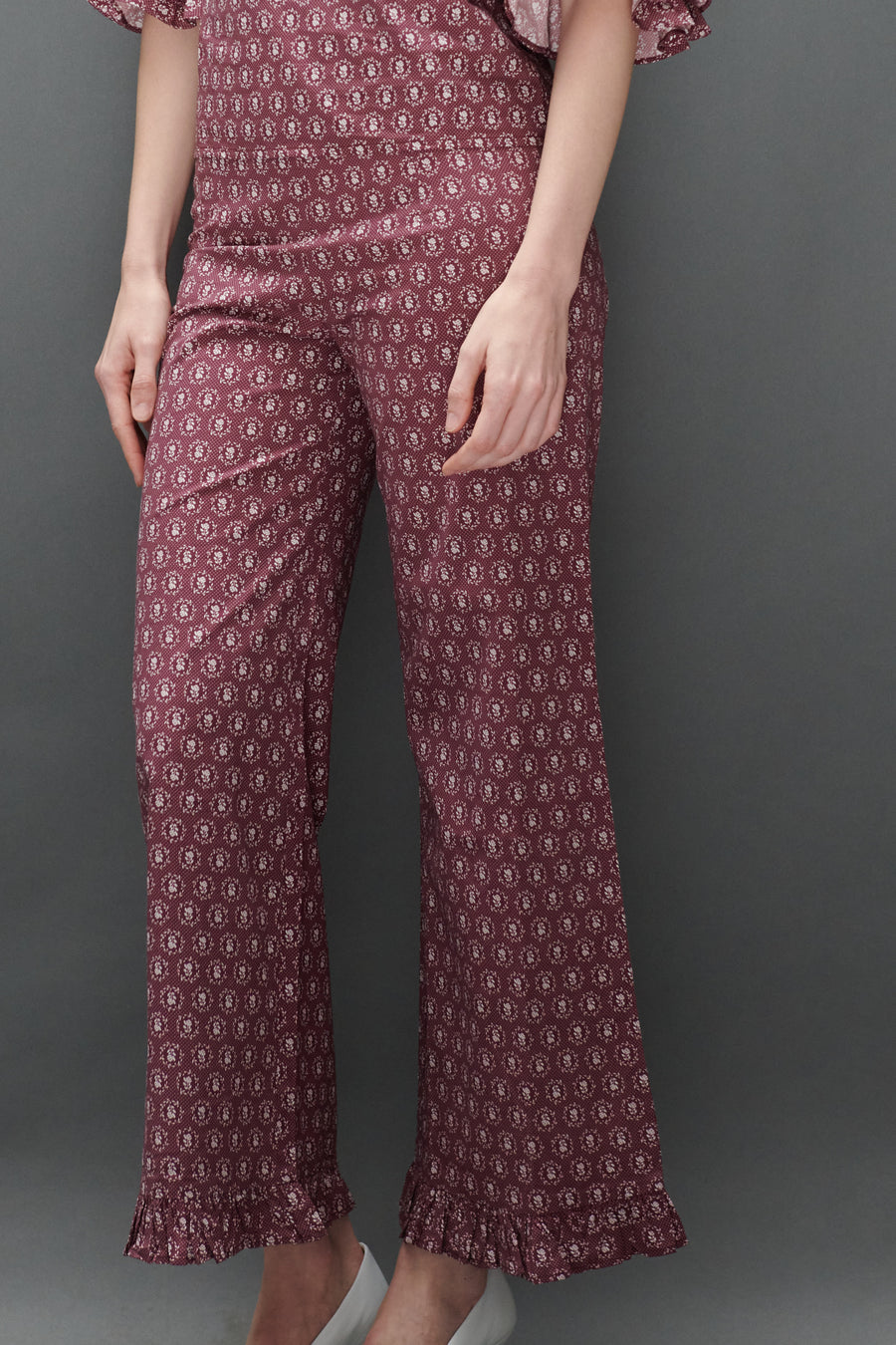 Ruffle Pant in Merlot Floral Dot