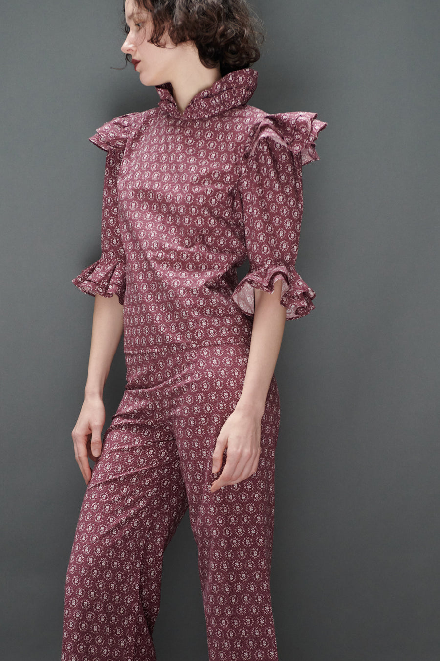 Ruffle Pant in Merlot Floral Dot