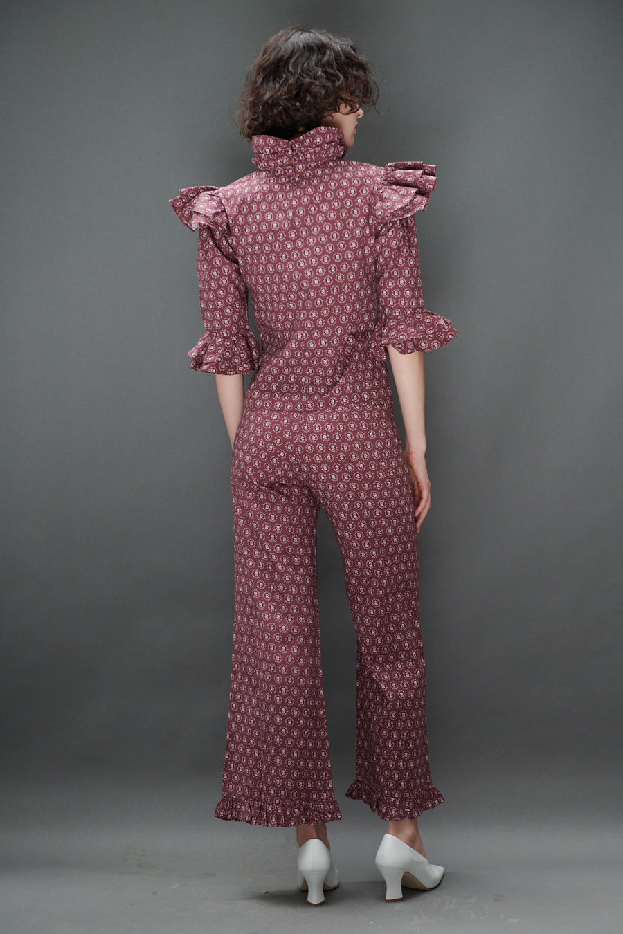 Ruffle Pant in Merlot Floral Dot