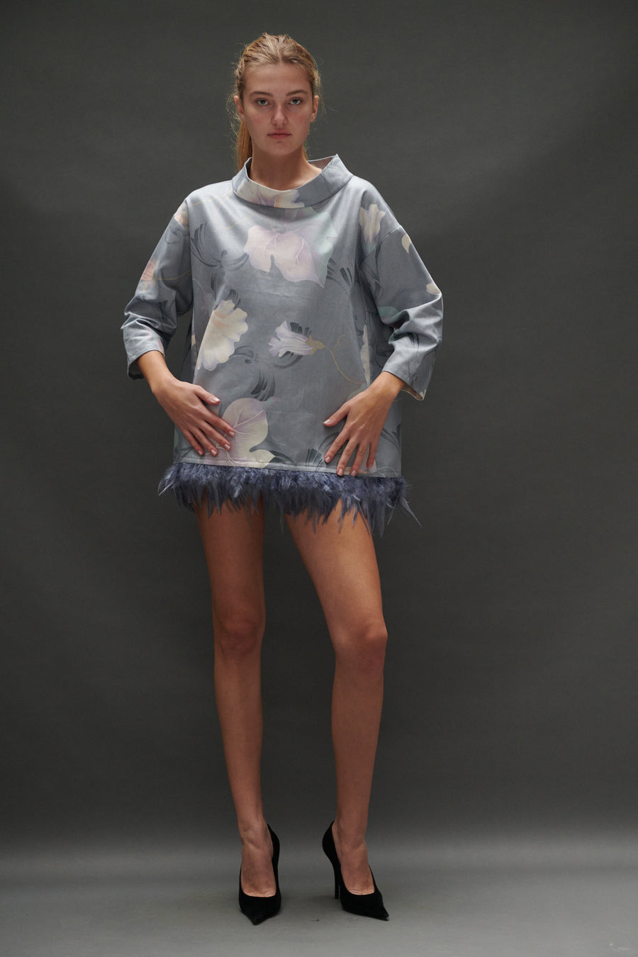 Abigail Coatdress in Grey Upholstery with Feathers