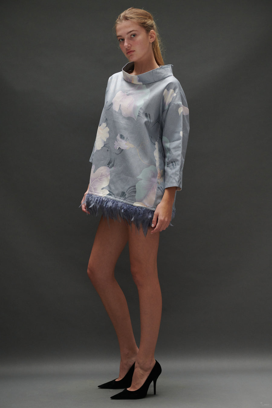 Abigail Coatdress in Grey Upholstery with Feathers