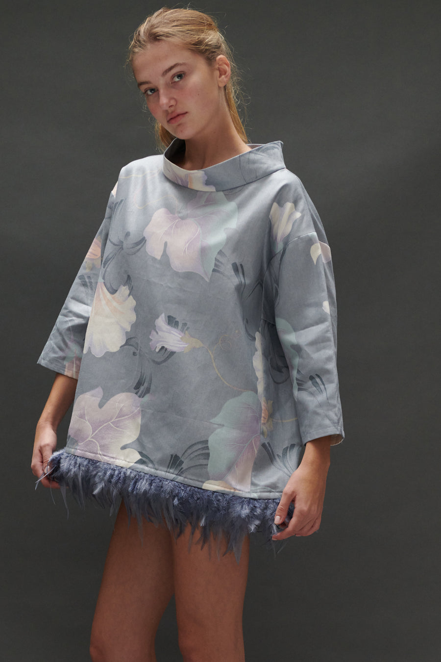 Abigail Coatdress in Grey Upholstery with Feathers