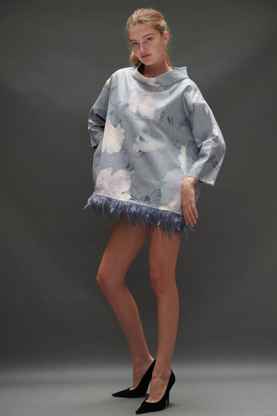 Abigail Coatdress in Grey Upholstery with Feathers