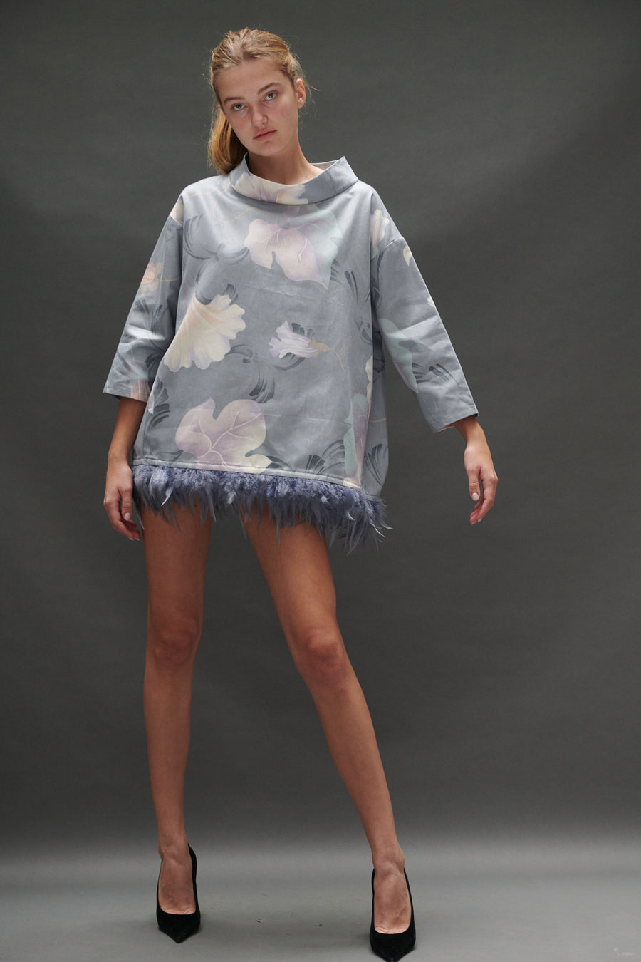 Abigail Coatdress in Grey Upholstery with Feathers