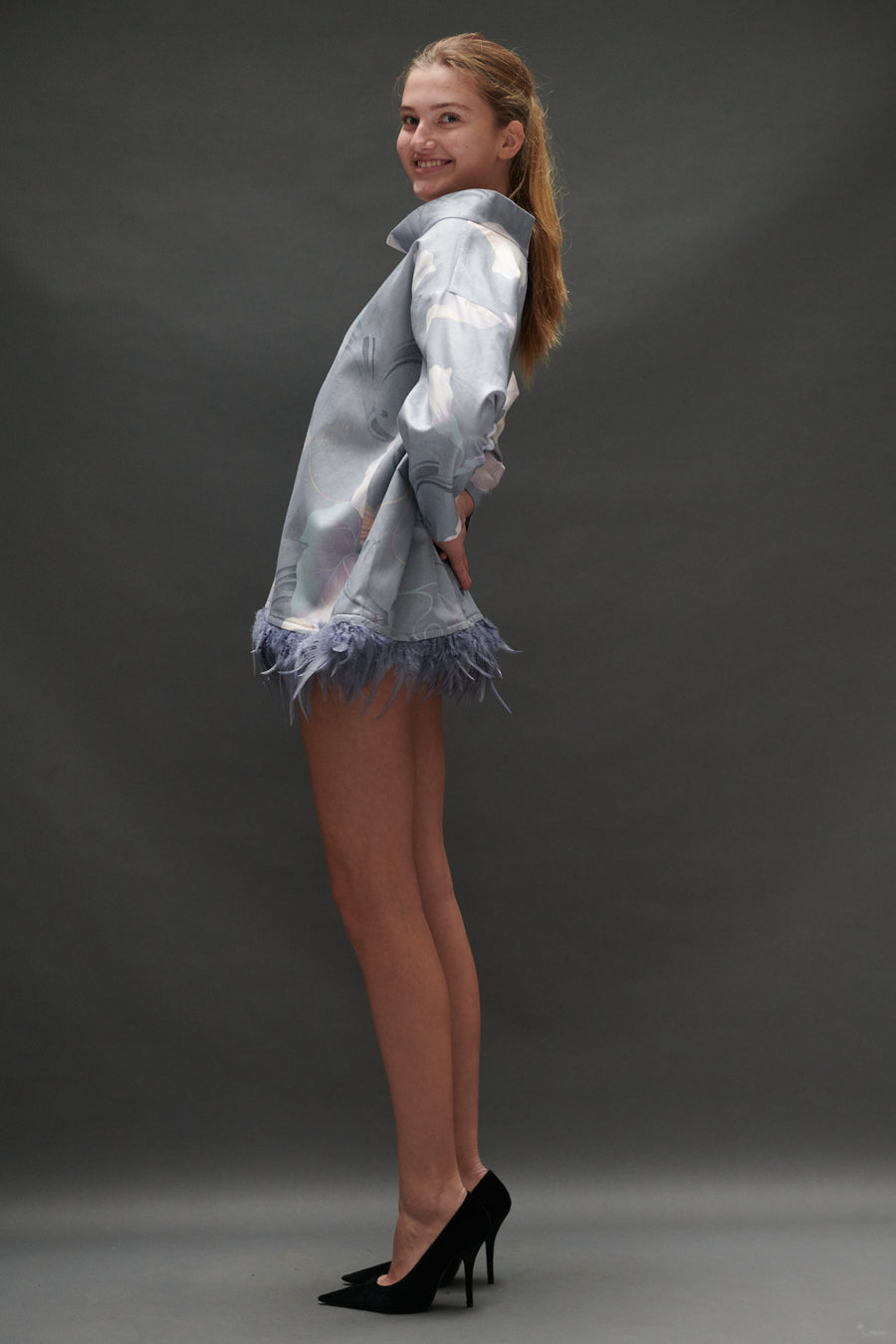 Abigail Coatdress in Grey Upholstery with Feathers