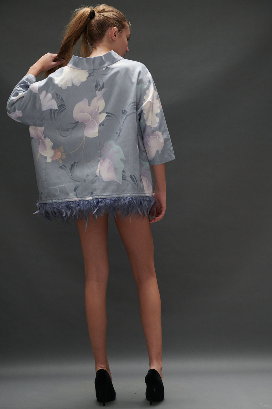 Abigail Coatdress in Grey Upholstery with Feathers