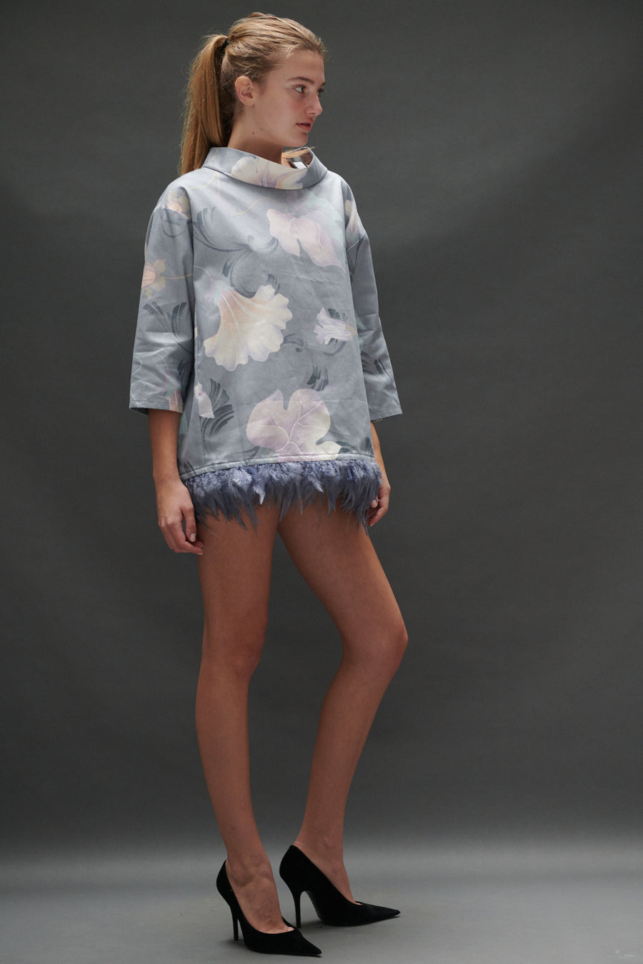 Abigail Coatdress in Grey Upholstery with Feathers