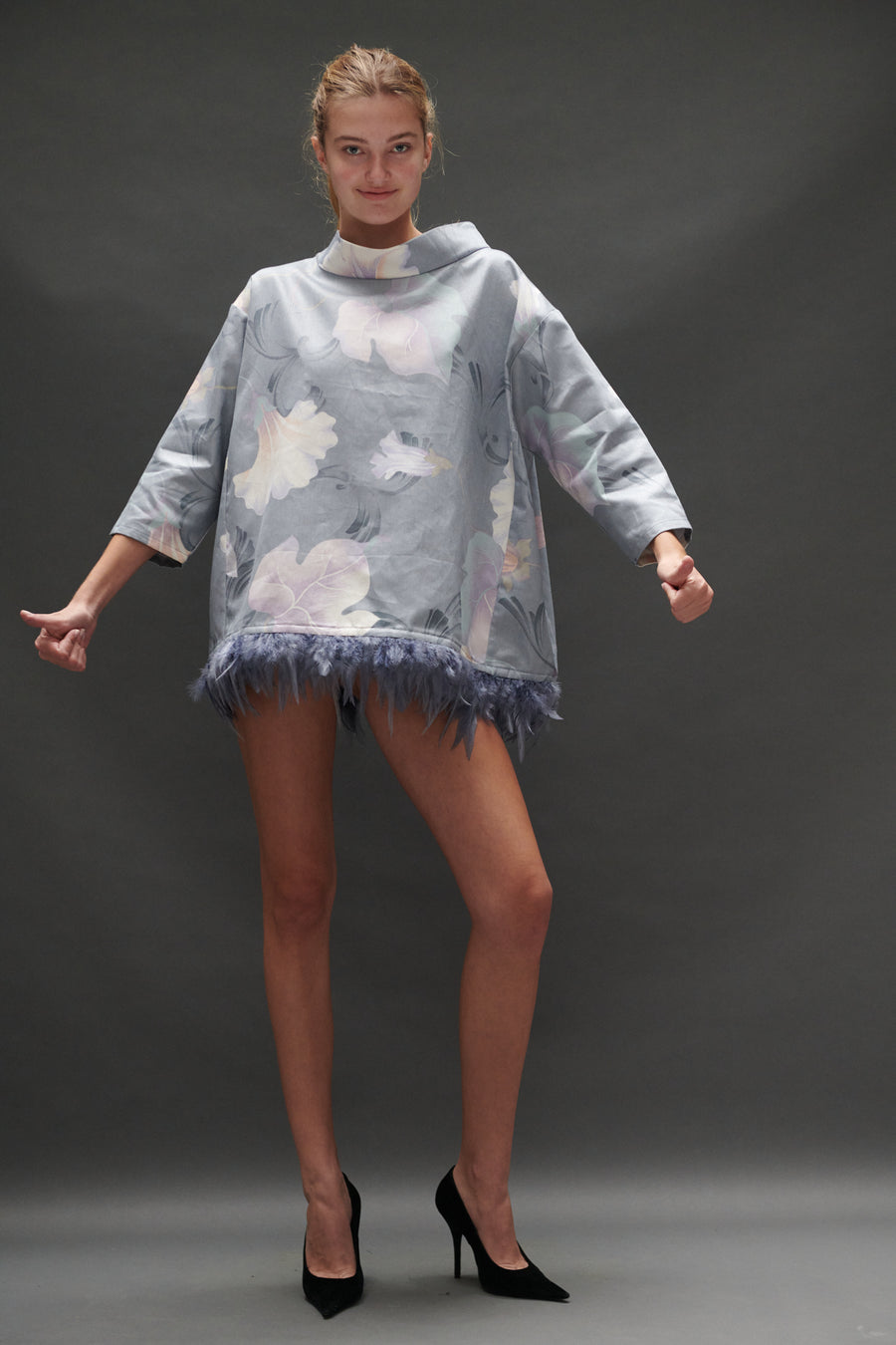 Abigail Coatdress in Grey Upholstery with Feathers