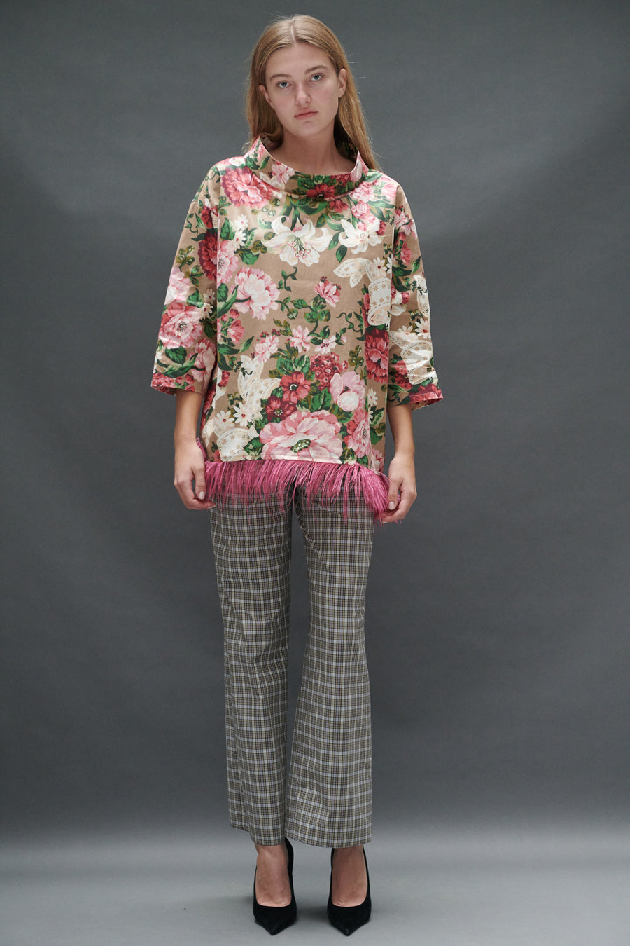 Abigail Coatdress in Rose and Bow Upholstery with Ostrich Feathers