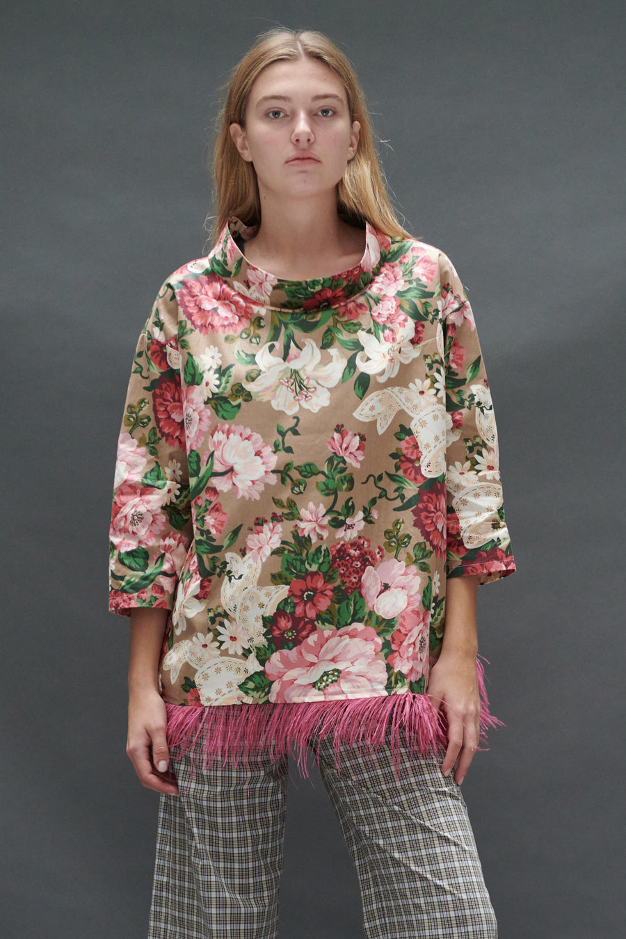 Abigail Coatdress in Rose and Bow Upholstery with Ostrich Feathers