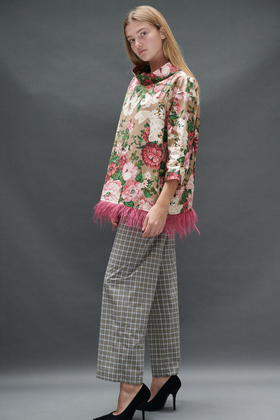 Abigail Coatdress in Rose and Bow Upholstery with Ostrich Feathers