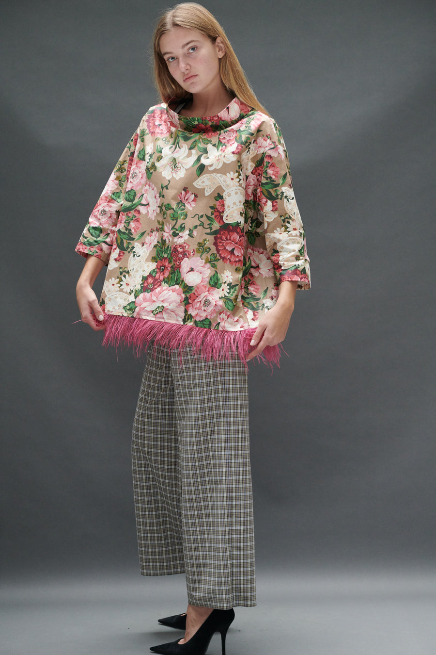 Abigail Coatdress in Rose and Bow Upholstery with Ostrich Feathers