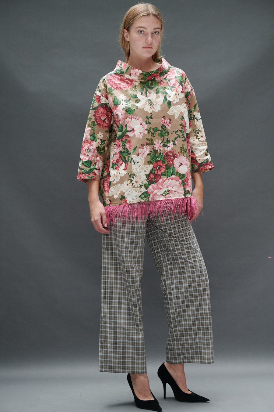 Abigail Coatdress in Rose and Bow Upholstery with Ostrich Feathers