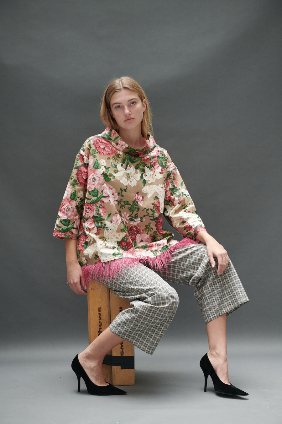 Abigail Coatdress in Rose and Bow Upholstery with Ostrich Feathers