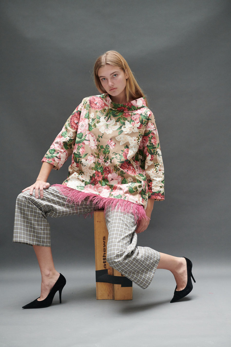 Abigail Coatdress in Rose and Bow Upholstery with Ostrich Feathers