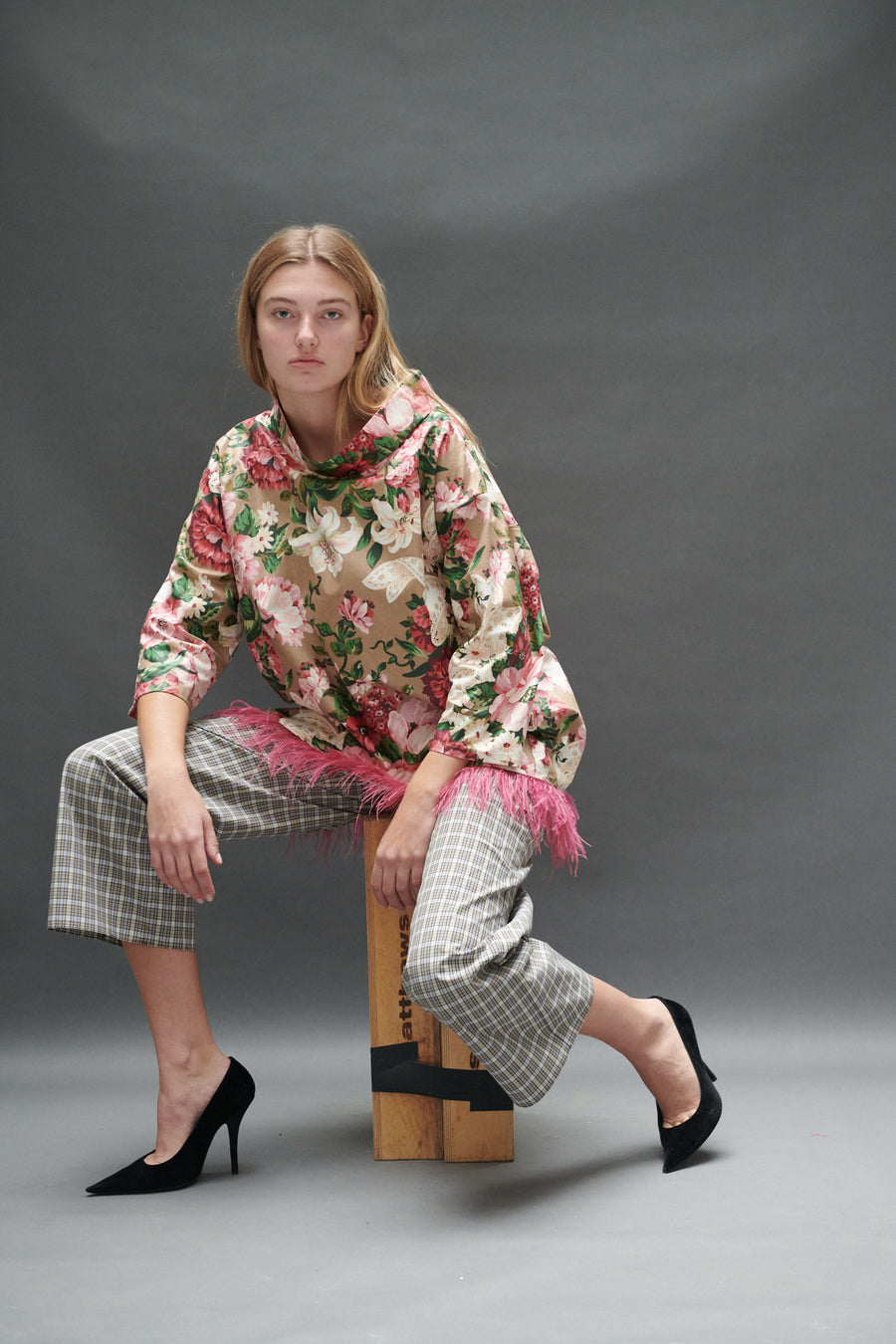 Abigail Coatdress in Rose and Bow Upholstery with Ostrich Feathers