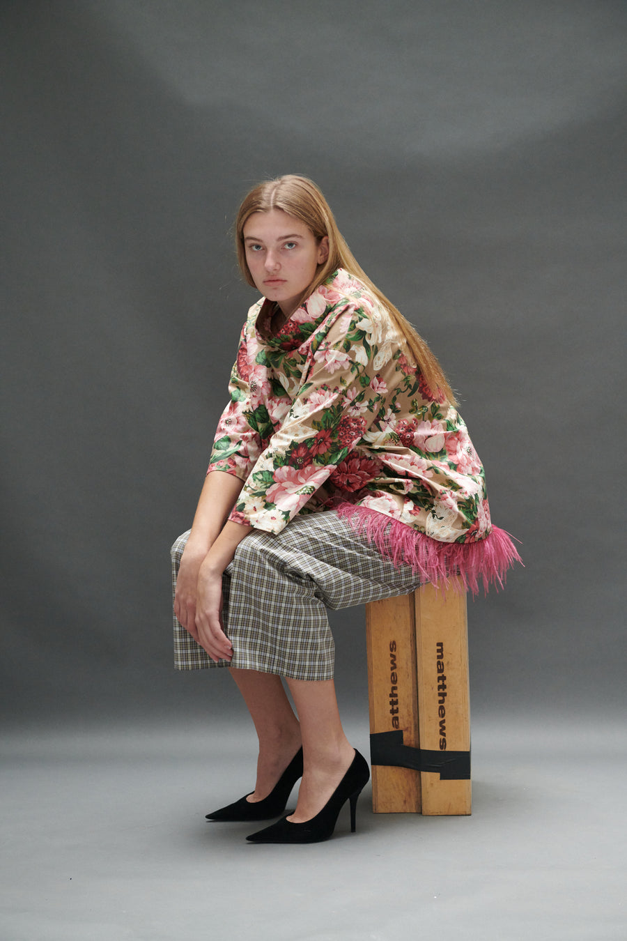 Abigail Coatdress in Rose and Bow Upholstery with Ostrich Feathers