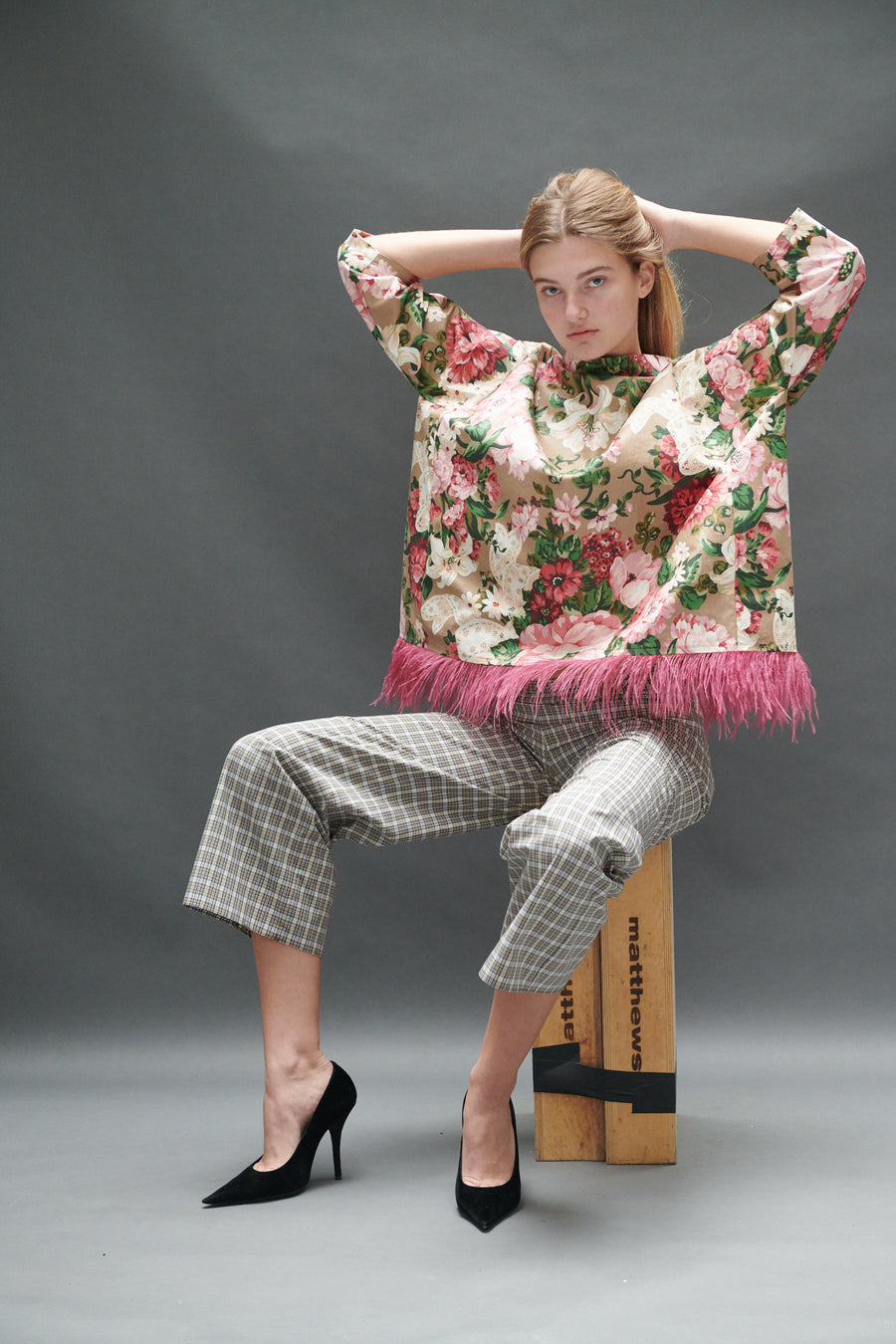 Abigail Coatdress in Rose and Bow Upholstery with Ostrich Feathers